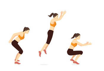 Fototapeta na wymiar Sport women doing exercise in standing long jumping postures. Illustration about step by step of fitness pose for good exercise.