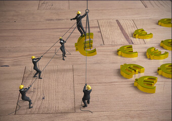 Mining and working for Euros teamwork of miniature people as 3d rendering.