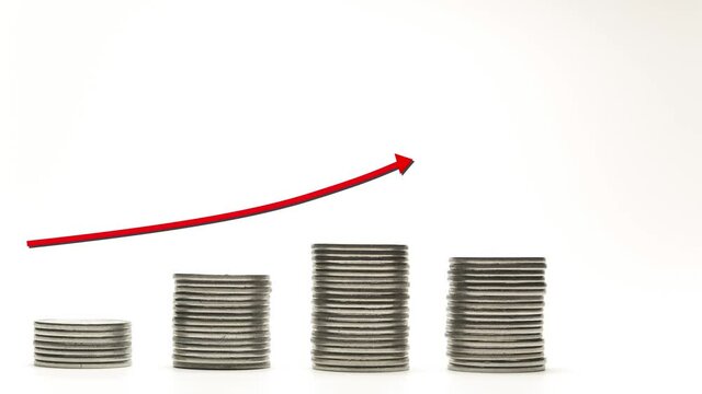 Silver coins on stacks are growing with red arrow on white background stop motion animation