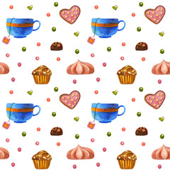 Watercolor seamless pattern of tea time. Valentine's day background.