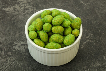 Spicy wasabi peanuts in the bowl