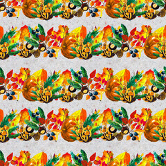 Obraz premium Autumn watercolor hand drawn seamless pattern with leaves mushrooms and pine cones
