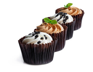 Set of mini cupcakes in a row isolated on white