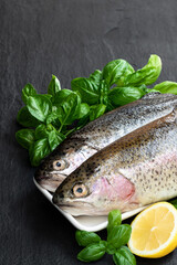 Raw fresh rainbow trout with herbs and lemon