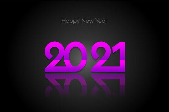 Happy New Year 2021 Greeting Card. Pink And Purple 2021 Logo With Reflection On A Gray Gradient Background