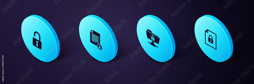 Poster set isometric document and lock, ftp folder, and open padlock icon. vector.