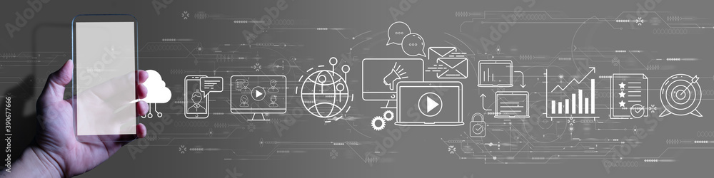 Poster Digital marketing with person hand using a smart phone computer on grey background.