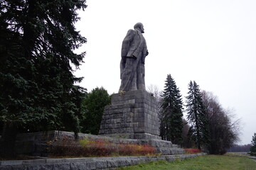 Statue of Vladimir Lenin at Dubna, Russia, in autumn, second tallest Lenin statue in the world