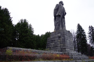 Statue of Vladimir Lenin at Dubna, Russia, in autumn, second tallest Lenin statue in the world