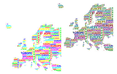 Sketch Europe letter text continent, Europe word - in the shape of the continent, Map of continent Europe - color vector illustration