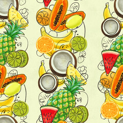 Hand drawn seamless pattern. Summer background with exotic fruits.