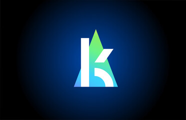 K alphabet letter logo icon for business and company. Simple green blue design with triangle
