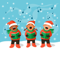 Three cute kids in Santa hats are singing Christmas carols. Cartoon vector illustration