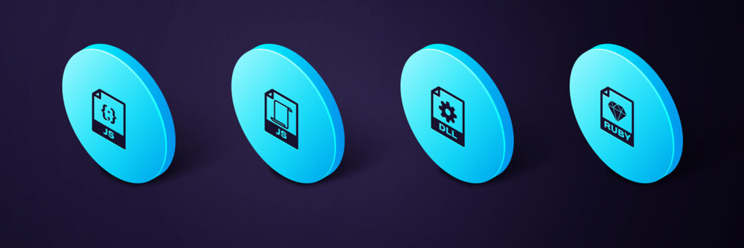 Set Isometric RUBY file document, DLL, JS and icon. Vector.