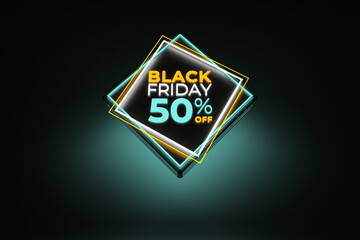 Black Friday luminous label 50% off teal and orange colors. Advertising template with copy space.