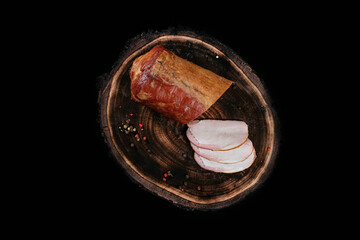 Smoked barbecue chicken fragrant juicy, on a wooden board. Top view.