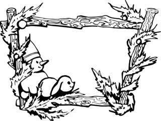 black and white background frame with snow man and rabbit 