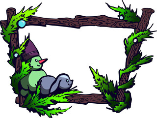 Colored frame with a christmas tree, snowman and rabbit 