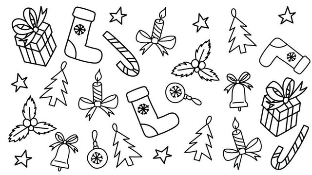 Animation of pattern with doodle style christmas elements. Bells, presents, christmas toys