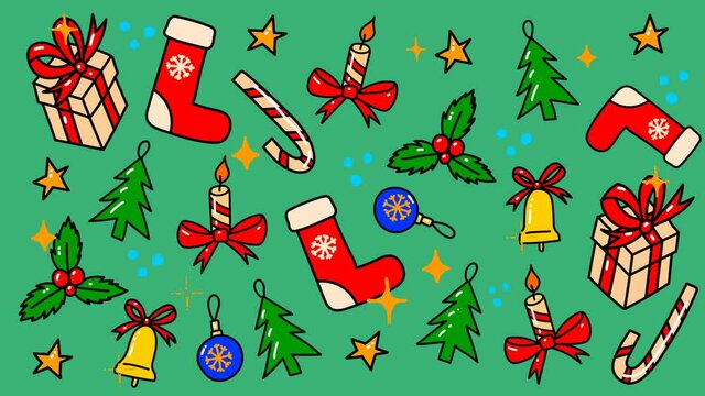 Animation of pattern with doodle style christmas elements. Bells, presents, christmas toys