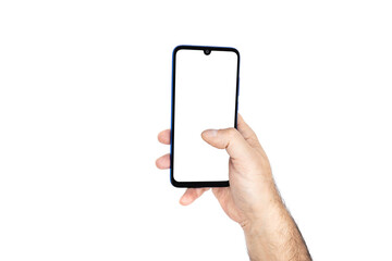 Holding the smartphone with blank screen and modern frameless design