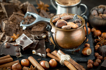 Cocoa beans on an old background.