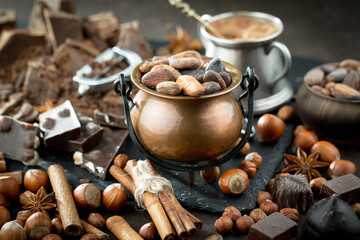 Cocoa beans on old background