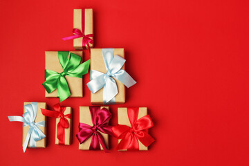 Gifts packed with craft paper and colorful satin ribbons