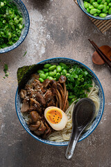 Chicken shio ramen or salted stock soup, japanese cuisine, copy space
