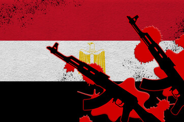 Egypt flag and two black AK-47 rifles in red blood. Concept for terror attack or military...