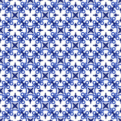 Azulejos portuguese traditional ornamental tile, blue and white seamless pattern