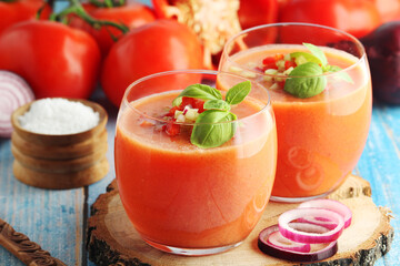 Cold Spanish soup Gazpacho served in glasses