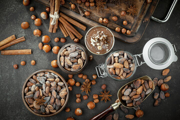 Cocoa beans on an old background.
