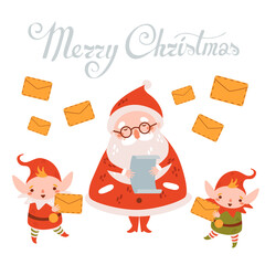 Merry christmas and happy new year vector postcard with cheerful Santa Claus and cute elfes read the letter. Winter forest landscape. Fir tree. Vector illustration. Lettering Merry Christmas