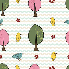 Beautiful Drawing background with Tree Plant elements and Birds, Hand drawn vector illustration.