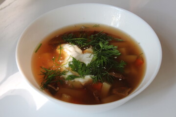 Tasty soup in bowl. Bowl of soup with mushrooms and white cream
