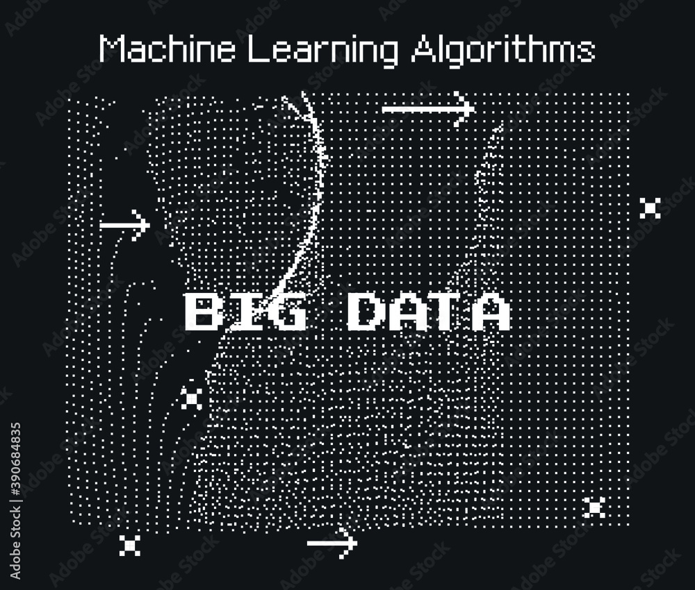 Poster Big Data, Artificial intelligence and  Machine Learning Algorithms Concept. Analysis of Information, Science and Technology Infographics Design. Vector Illustration.