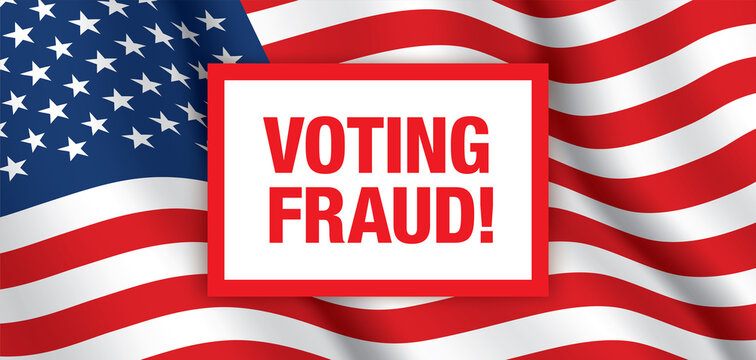 Voting Fraud Vector Banner, With Waving USA Flag Background. Electoral Fraud Horizontal Design, With A Red Warning Sign. Protesting Poster, For Presidential Elections In The United States Of America.