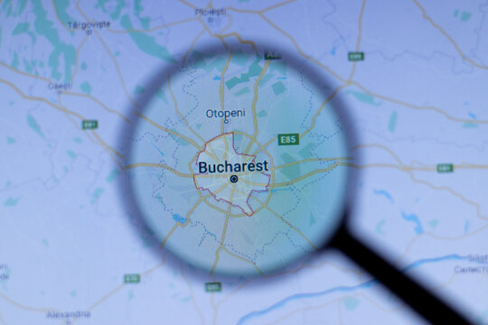 Los Angeles, California, USA - 1 May 2020: Bucharest City Town name with location on map close up, Illustrative Editorial