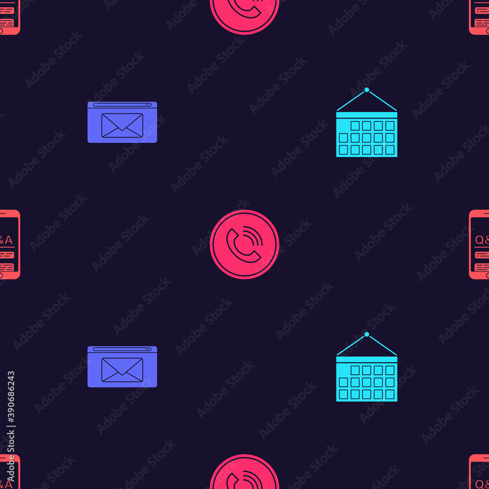 Aufkleber set calendar, mail and e-mail, phone call and mobile question exclamation on seamless pattern. vecto