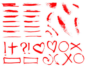 Set of red grunge brush strokes, symbols. Vector illustration. Isolated on white background.