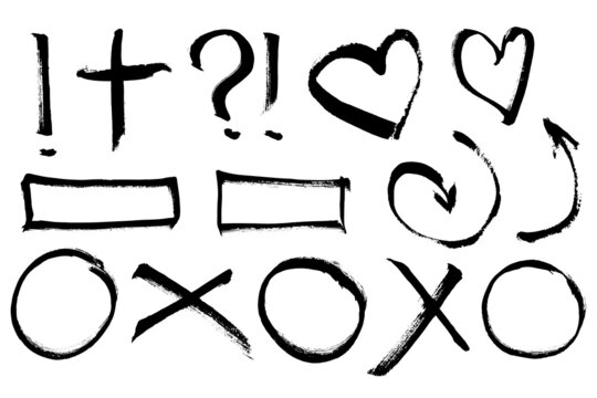 Set of grunge brush strokes, arrows, hearts and other symbols on white background