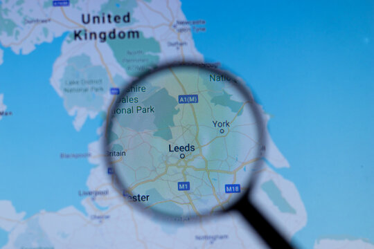 Los Angeles, California, USA - 1 May 2020: Leeds City Town name with location on map close up, Illustrative Editorial
