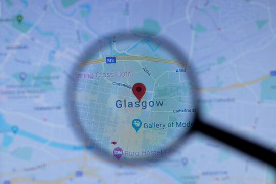 Los Angeles, California, USA - 1 May 2020: Glasgow City Town name with location on map close up, Illustrative Editorial