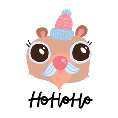 Simple modern hand drawn minimalist Christmas holiday card in flat childish style. Invitation or poster design with bear wearing santa hat and ho ho ho lettering. Flat vector illustration.