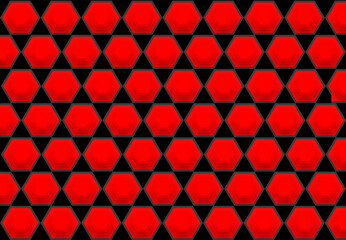 Red hexagon pattern on black background Geometric abstract texture.