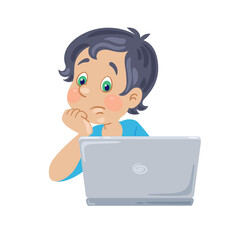 Online education for children. Cute sad boy looks at the laptop screen. In cartoon style. Isolated on white background. Vector flat illustration.
