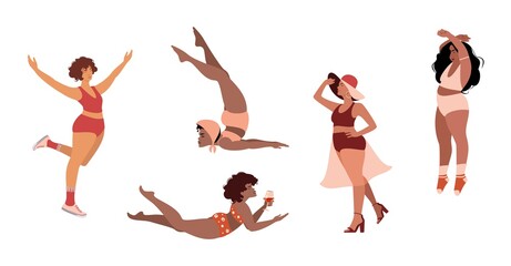 Multiracial women of different body shapes dressed in lingerie. Isolated characters. Happy girls. Body positive. Love your body. Vector cartoon flat illustration.