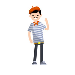 French man in blue striped clothes and red beret waving his hand. Guy stand. Typical resident of Europe. Cartoon flat illustration