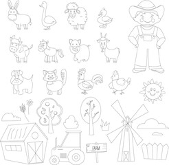 set of farm animals for coloring, colorless isolated vector illustrations in flat style - cow, pig, donkey, horse, goat, goose, rooster, chicken. sheep, cat, dog, trees, barn, mill, tractor, farmer
